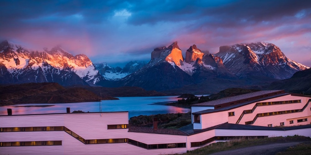 Exterior of Explora Lodge with view of Las Torres - Torres del Paine